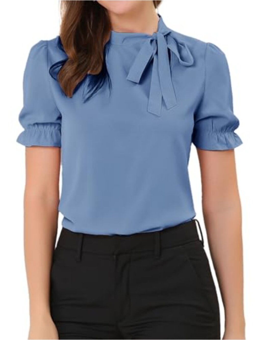 Bow Tie Neck Blouse Pleated Puff Sleeve Office Top Elegant